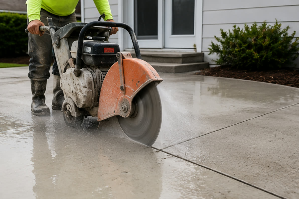 Worker using a wet concrete saw to cut a straight line through a residential slab