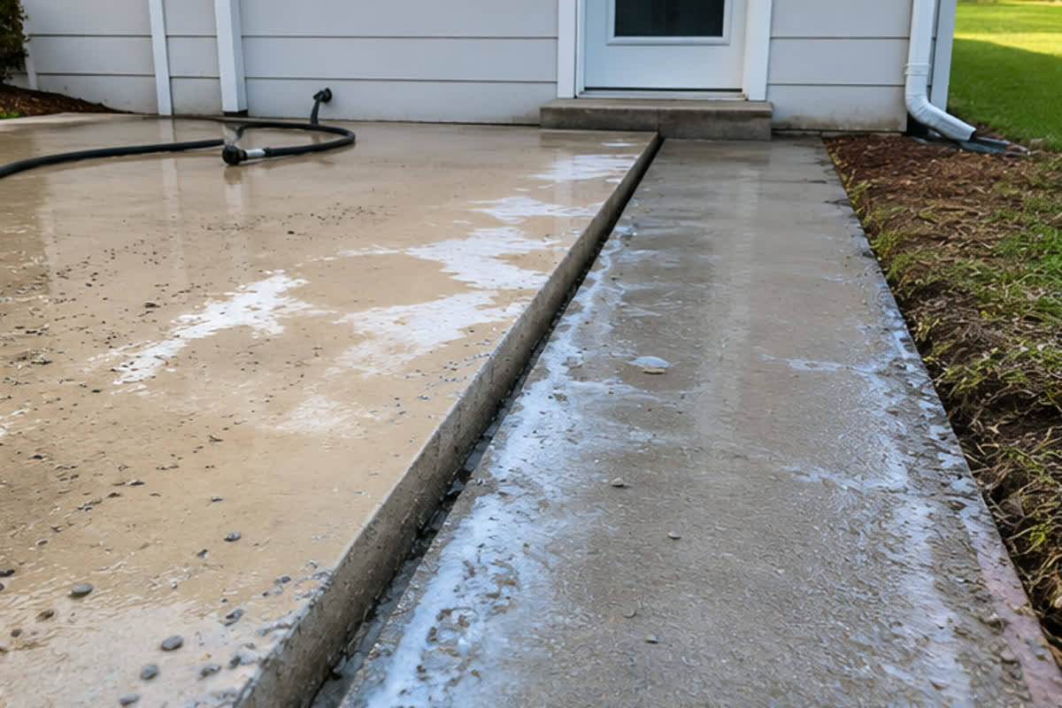 Completed concrete cut line with visible water and slurry, with the adjoining concrete left undisturbed