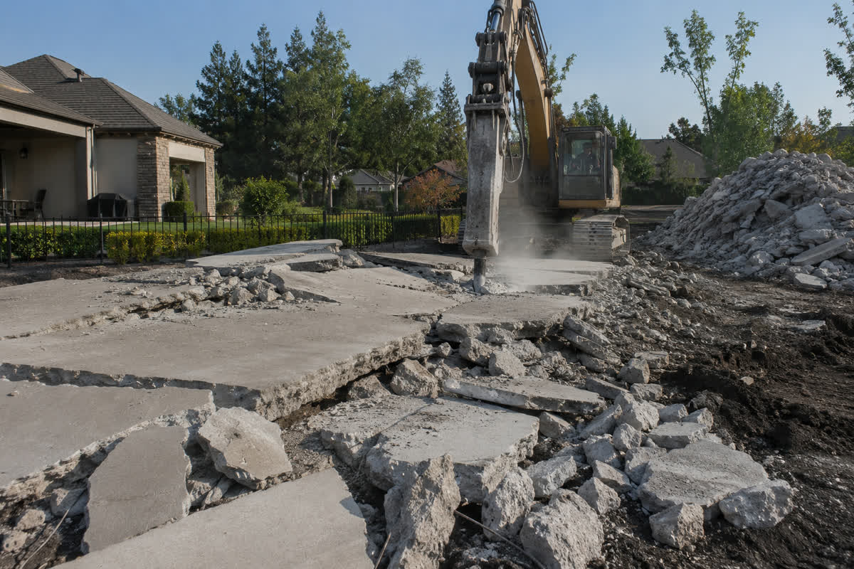 Excavator with a demolition attachment breaking up a large multi-section concrete area with substantial debris