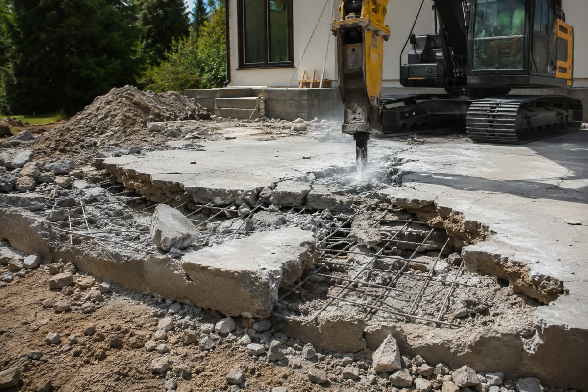 Hydraulic breaker attachment demolishing a reinforced concrete slab with exposed rebar and wire mesh