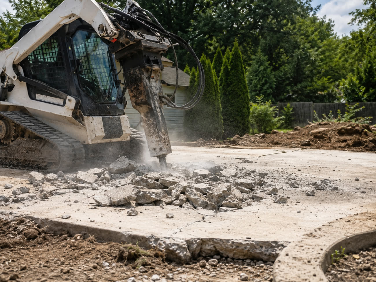 Compact loader breaking apart a concrete slab at a residential demolition site