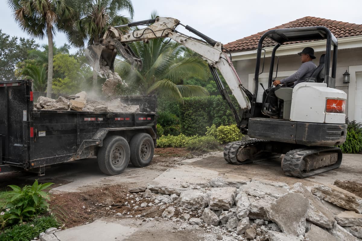 Compact excavator loading broken concrete debris into a dump trailer at a residential property