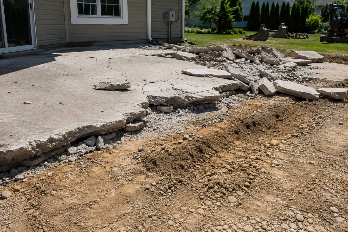 Partially removed concrete slab with broken pieces and exposed ground underneath