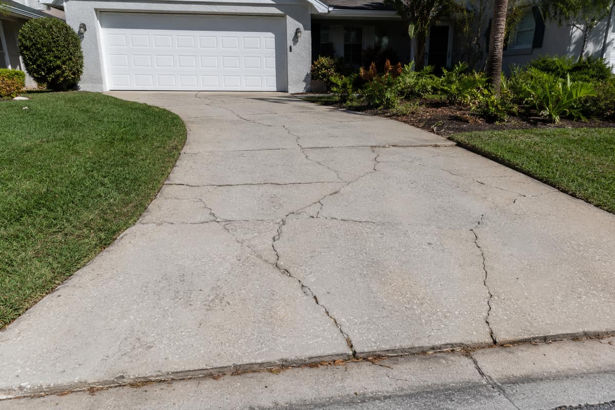 Cracked and sunken concrete driveway with multiple visible fracture lines