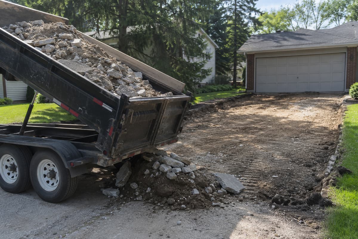 Dump trailer loaded with broken concrete debris beside a driveway cleared down to its base