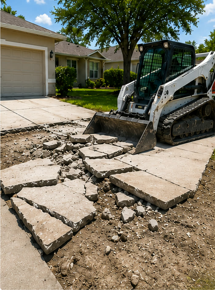 Compact loader removing broken sections of a residential concrete driveway