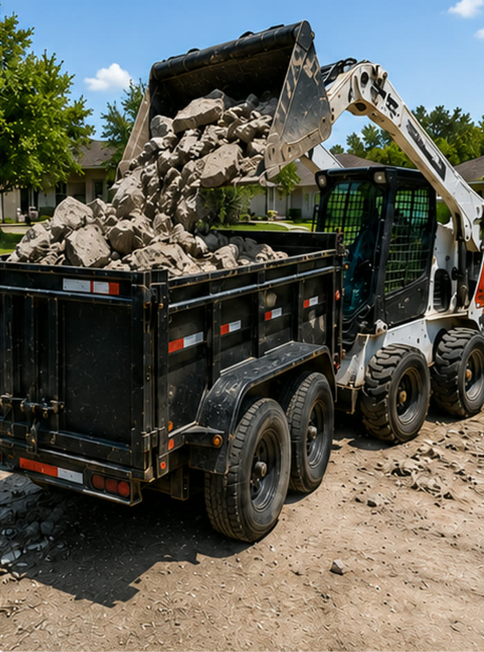 Compact loader placing broken concrete into a dump trailer