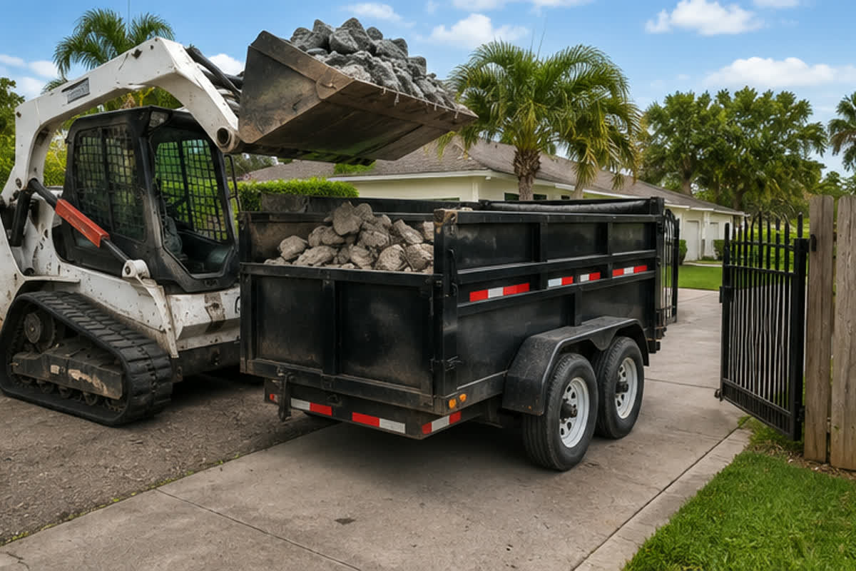 Skid-steer loading broken concrete into a dump trailer with the residential access path visible