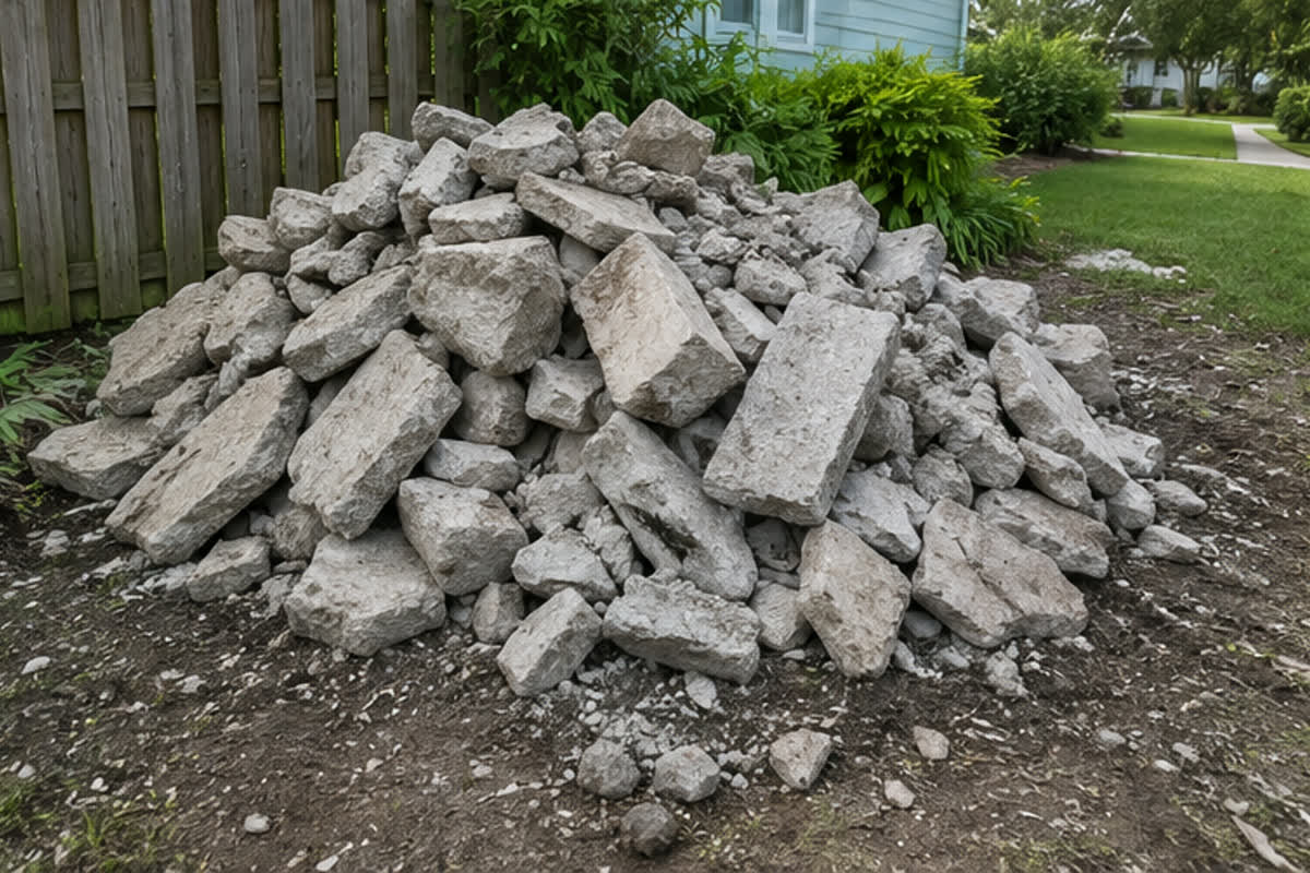 Broken concrete debris staged in a pile on a residential property, ready for loading