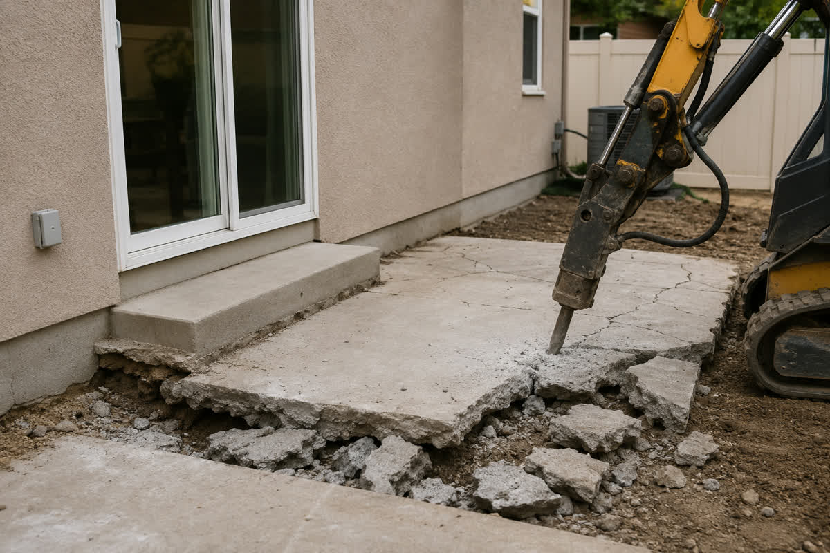 Patio slab being demolished with a hydraulic breaker beside a house wall and sliding glass door
