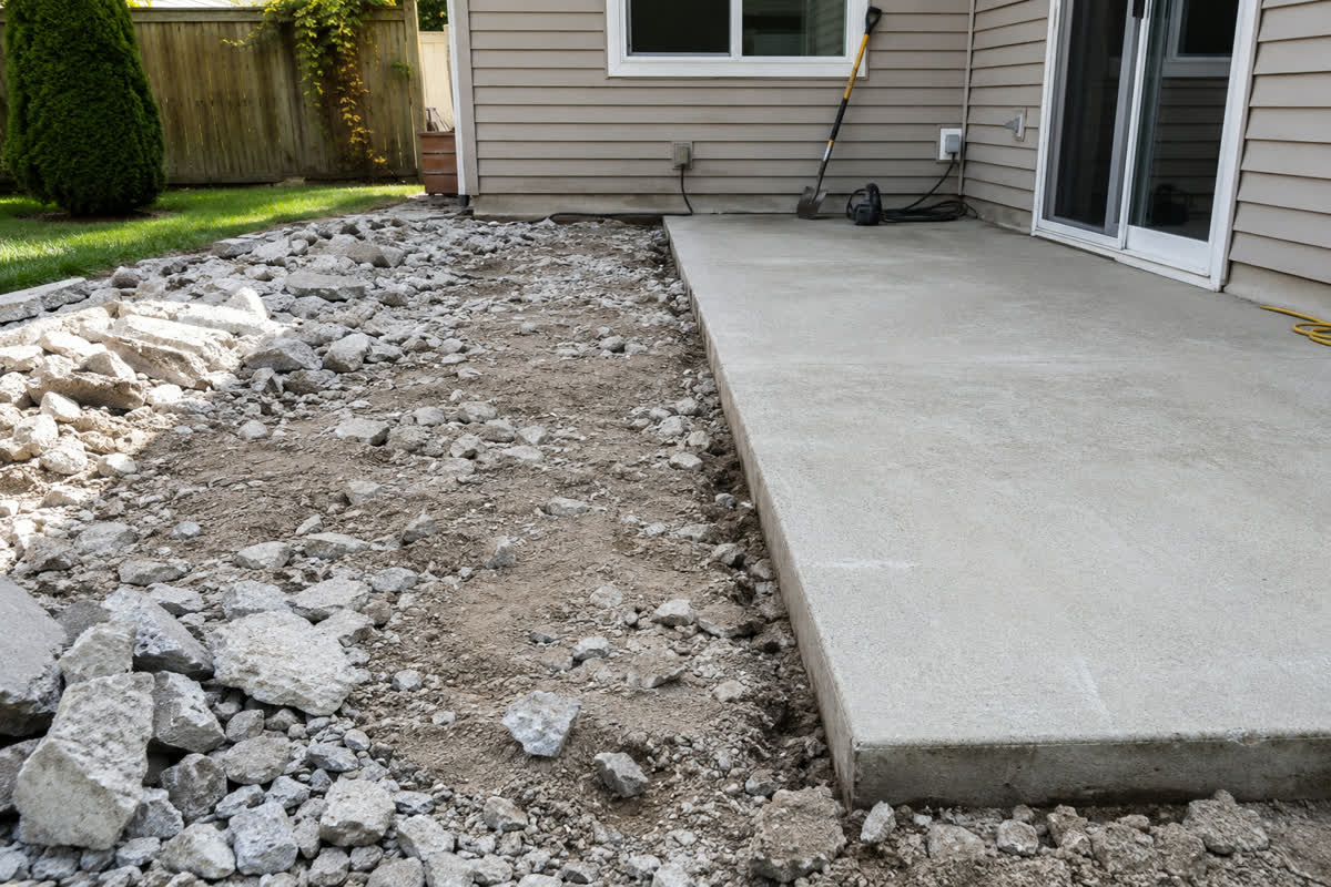 Partial patio removal showing a clean boundary where adjoining concrete remains in place