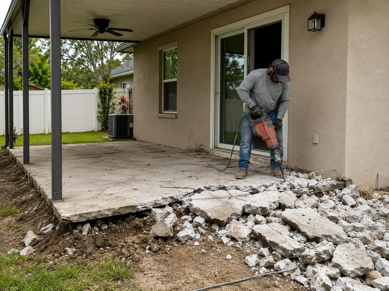 Worker breaking apart a concrete patio beside a residential home