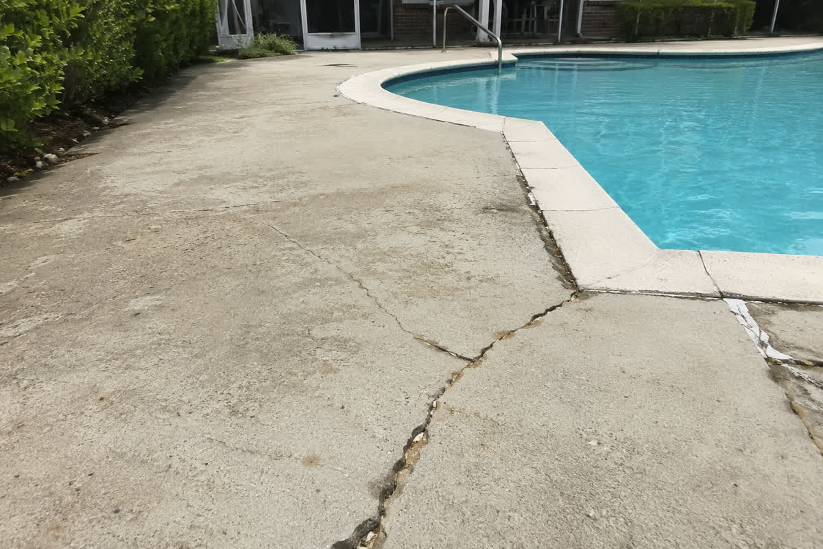 Cracked and uneven pool-deck concrete running beside the pool coping