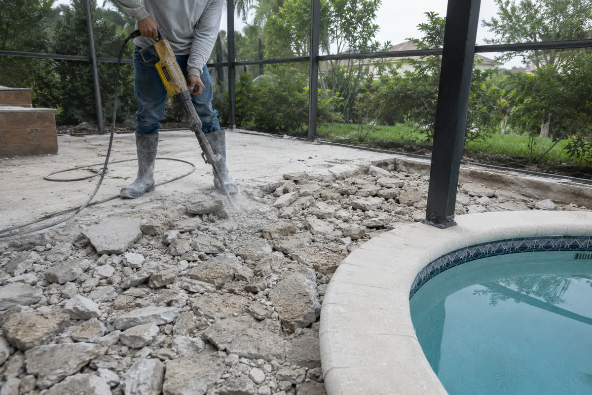 Pool-deck concrete being broken up beside intact coping and a screen-enclosure post