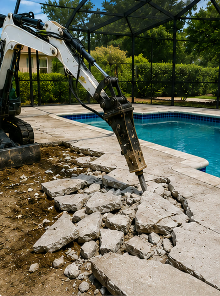 Concrete pool-deck surface being broken apart around a residential swimming pool