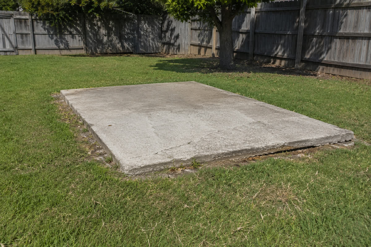 Isolated freestanding concrete pad sitting alone in a backyard lawn