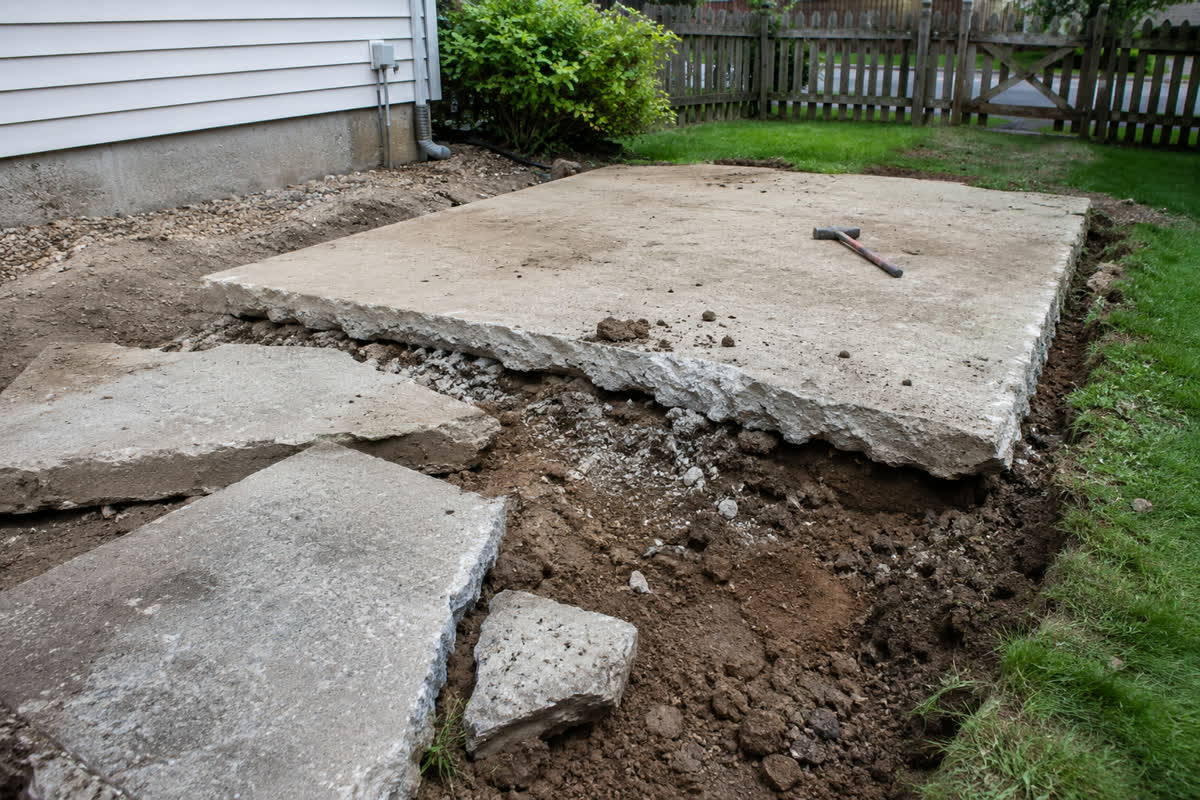 Standalone concrete slab partially removed with lifted sections and exposed ground underneath