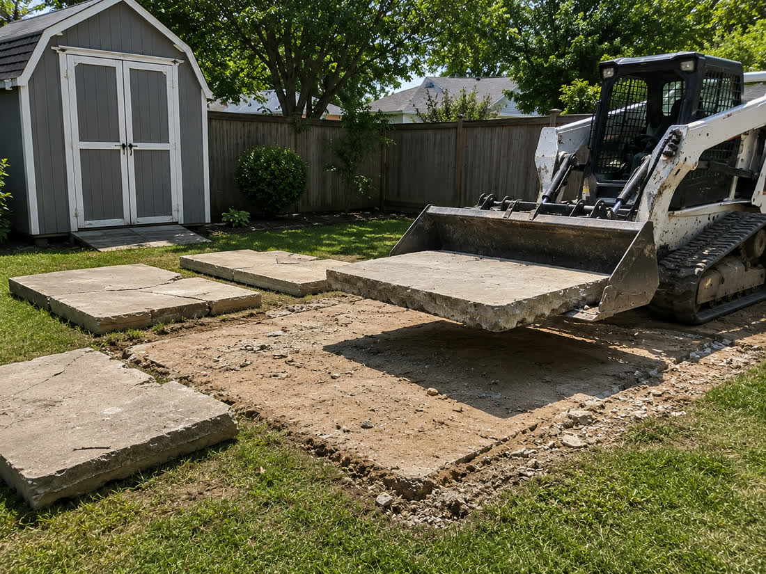 Compact loader lifting a separated concrete slab from a residential backyard